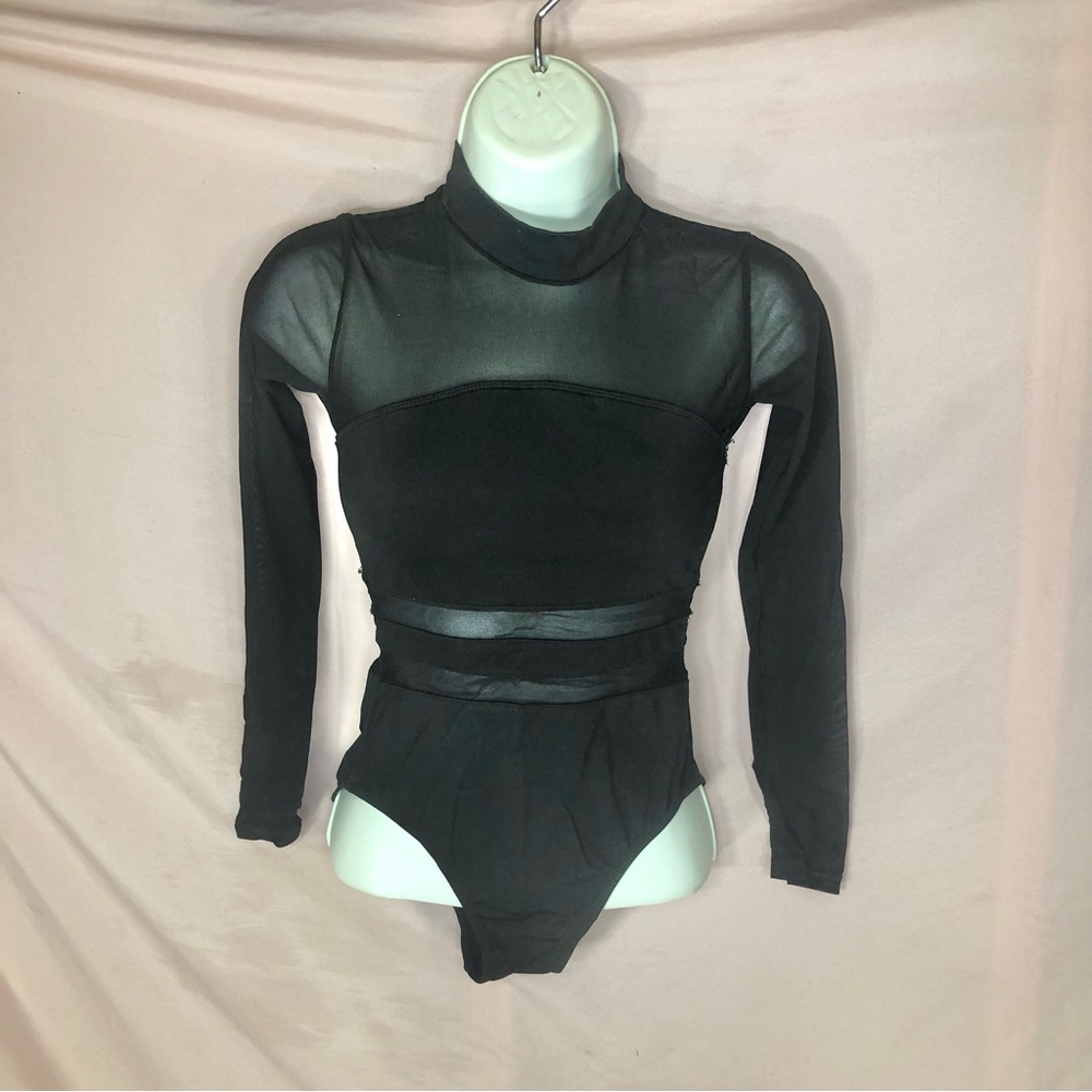 Black Sheer Panel Long-Sleeve Bodysuit Size XXS XS Small